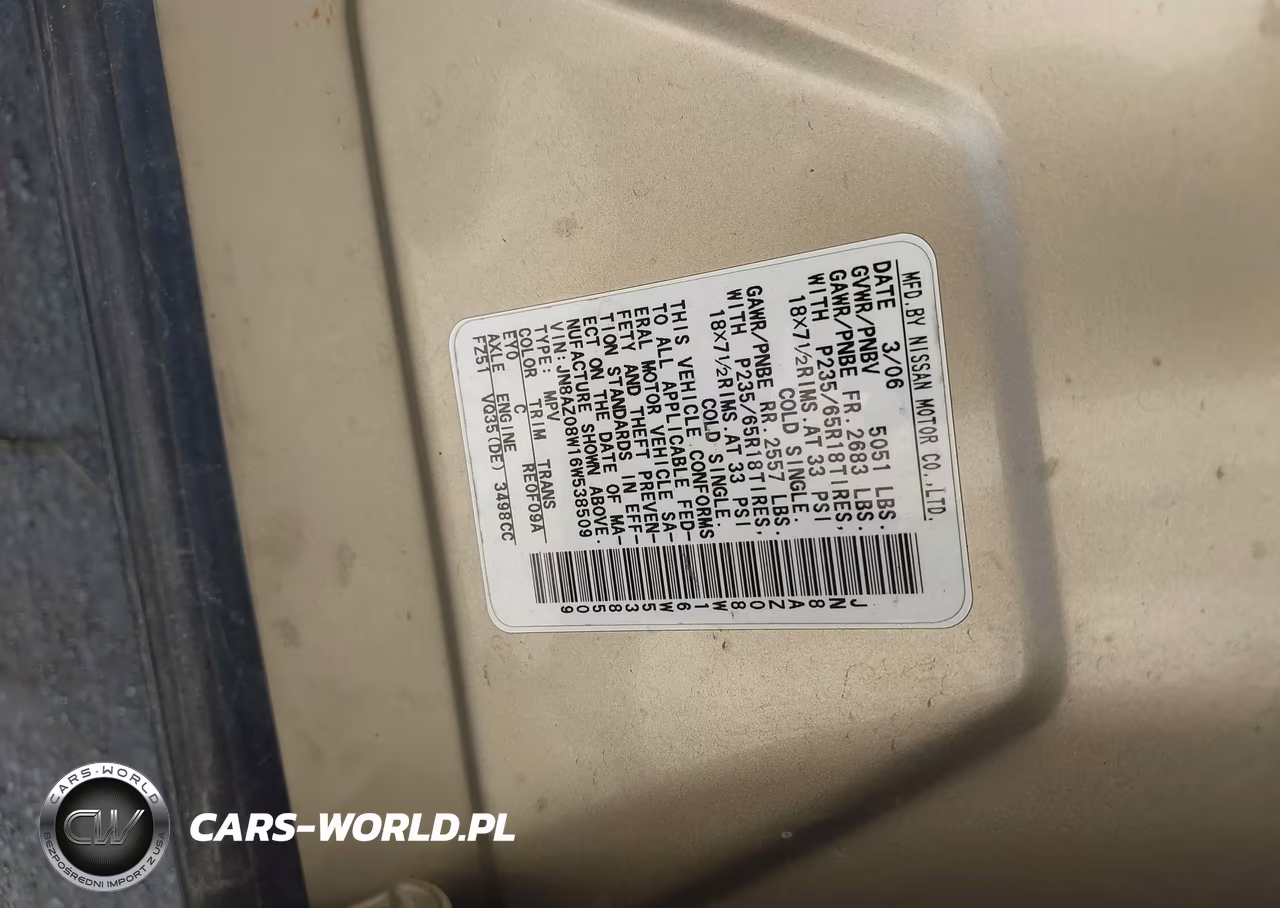 2006 Nissan Murano Sl VIN:JN8AZ08W16W538509 - 9