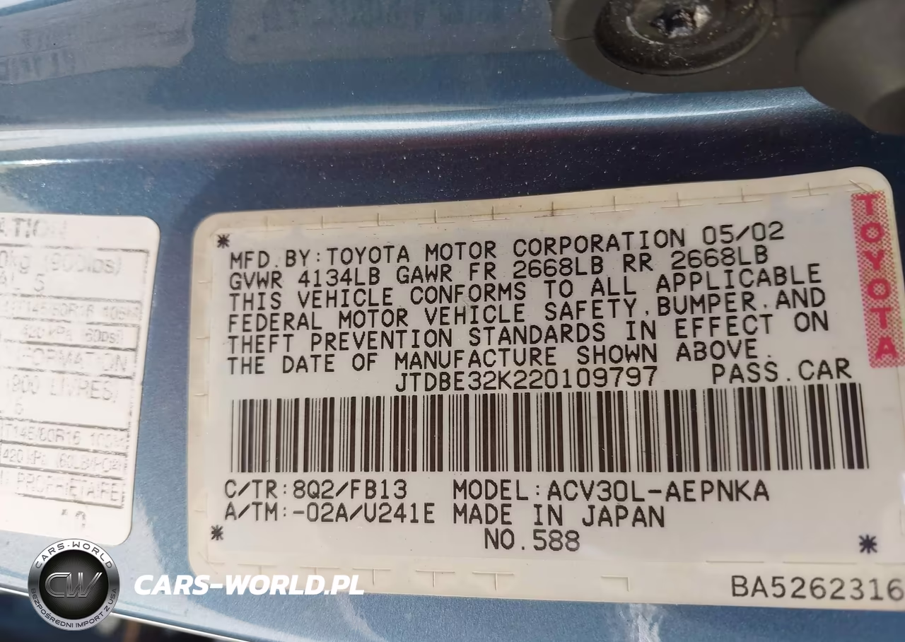 2002 Toyota Camry Le VIN:JTDBE32K220109797 - 9