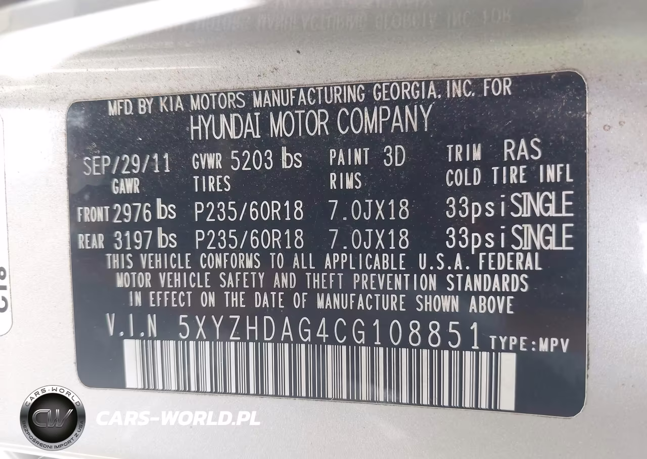 2012 Hyundai Santa Fe Se VIN:5XYZHDAG4CG108851 - 9