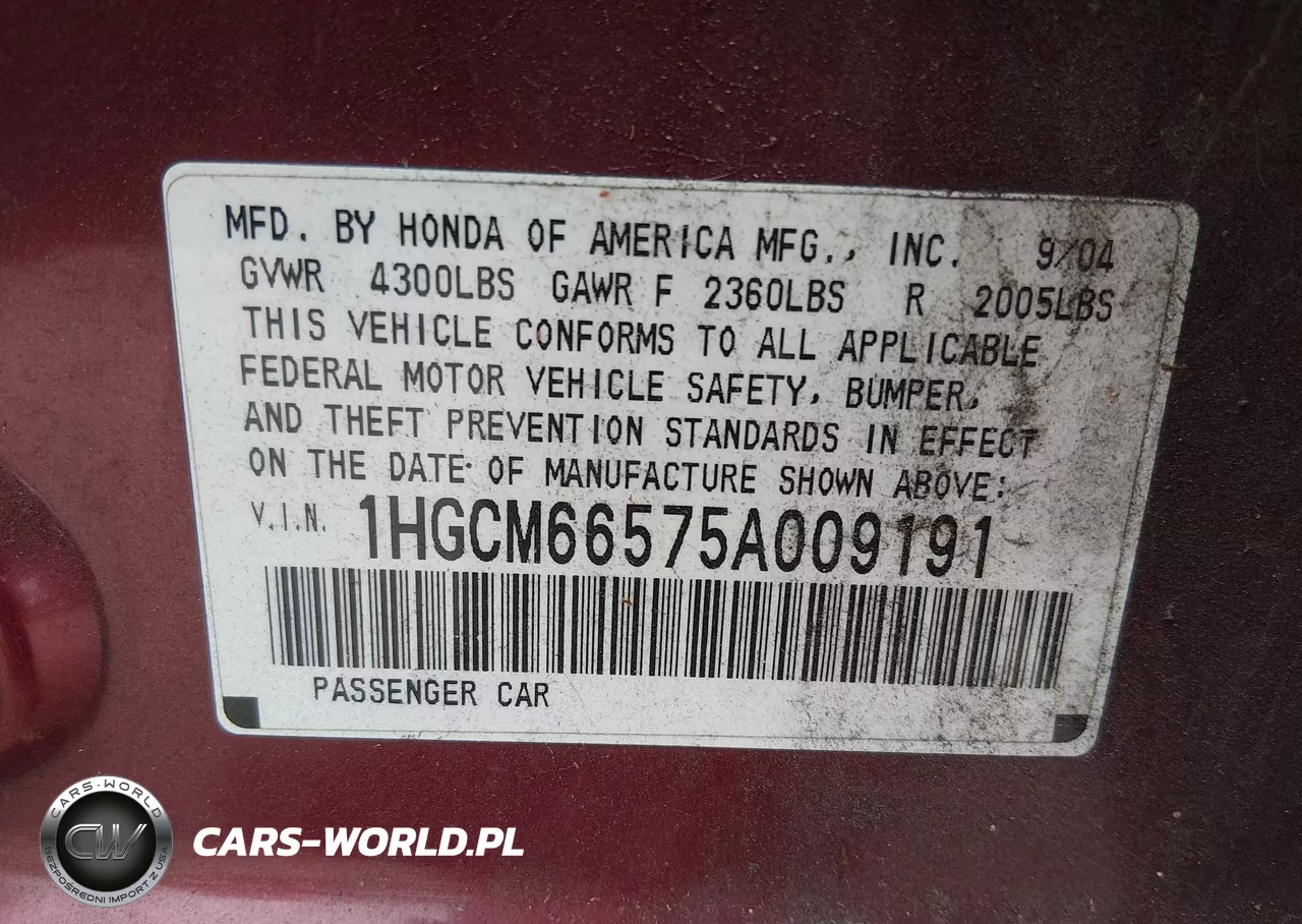 2005 Honda Accord 3.0 Ex VIN:1HGCM66575A009191 - 9