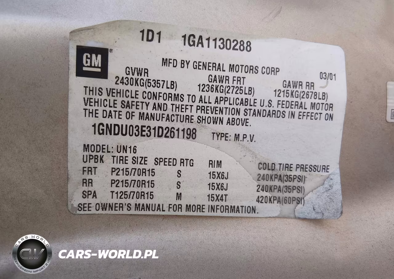 2001 Chevrolet Venture Plus VIN:1GNDU03E31D261198 - 9
