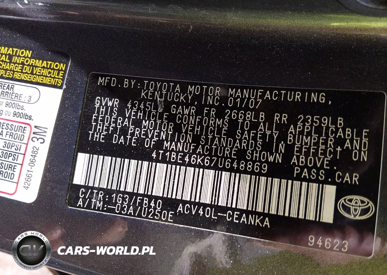 2007 Toyota Camry Le VIN:4T1BE46K67U648869 - 9