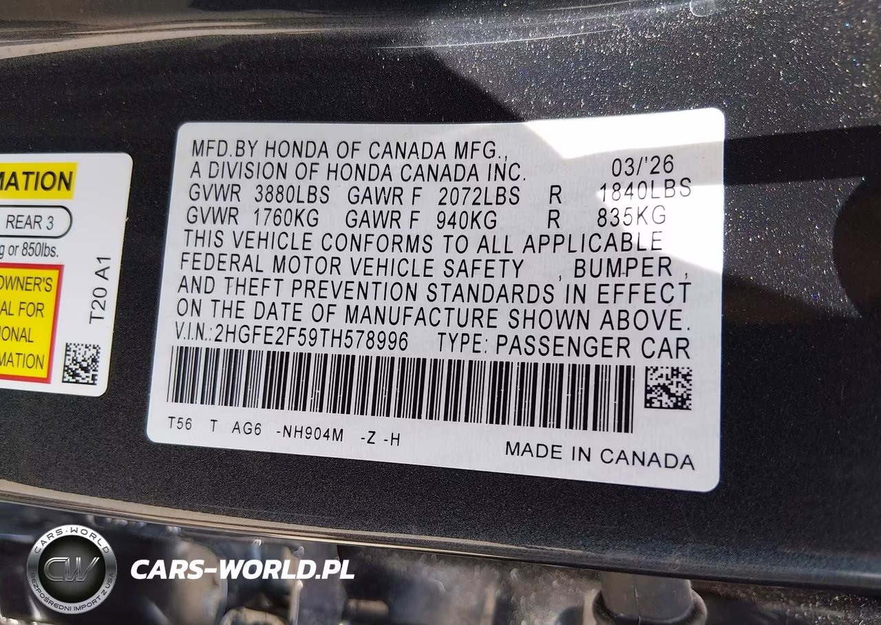 2026 Honda Civic Sport VIN:2HGFE2F59TH578996 - 9
