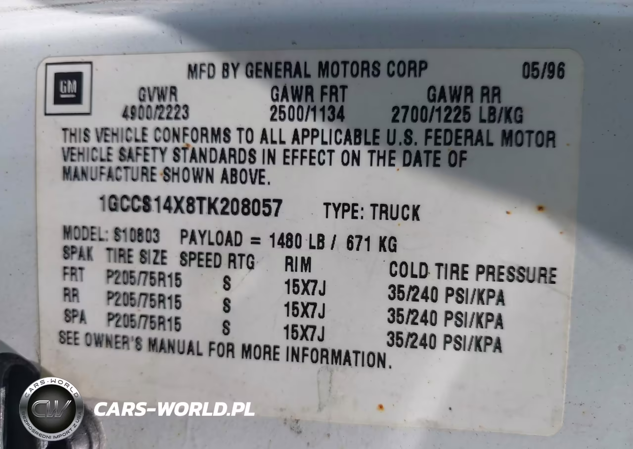 1996 Chevrolet S Truck S10 VIN:1GCCS14X8TK208057 - 9