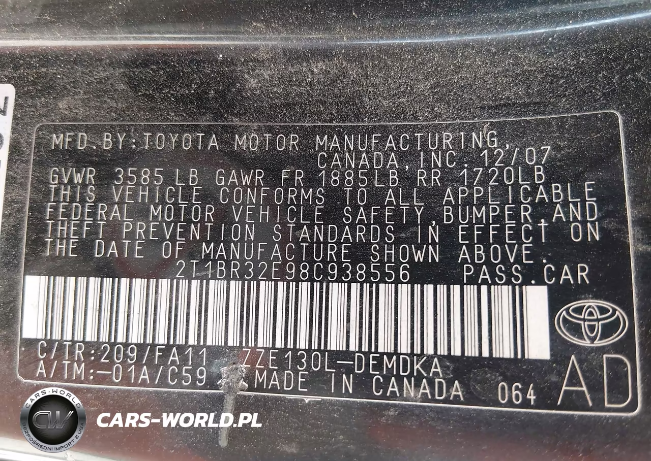 2008 Toyota Corolla Ce VIN:2T1BR32E98C938556 - 9