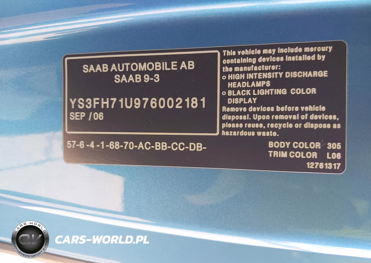 2007 Saab 9-3 Aero VIN:YS3FH71U976002181 - 9