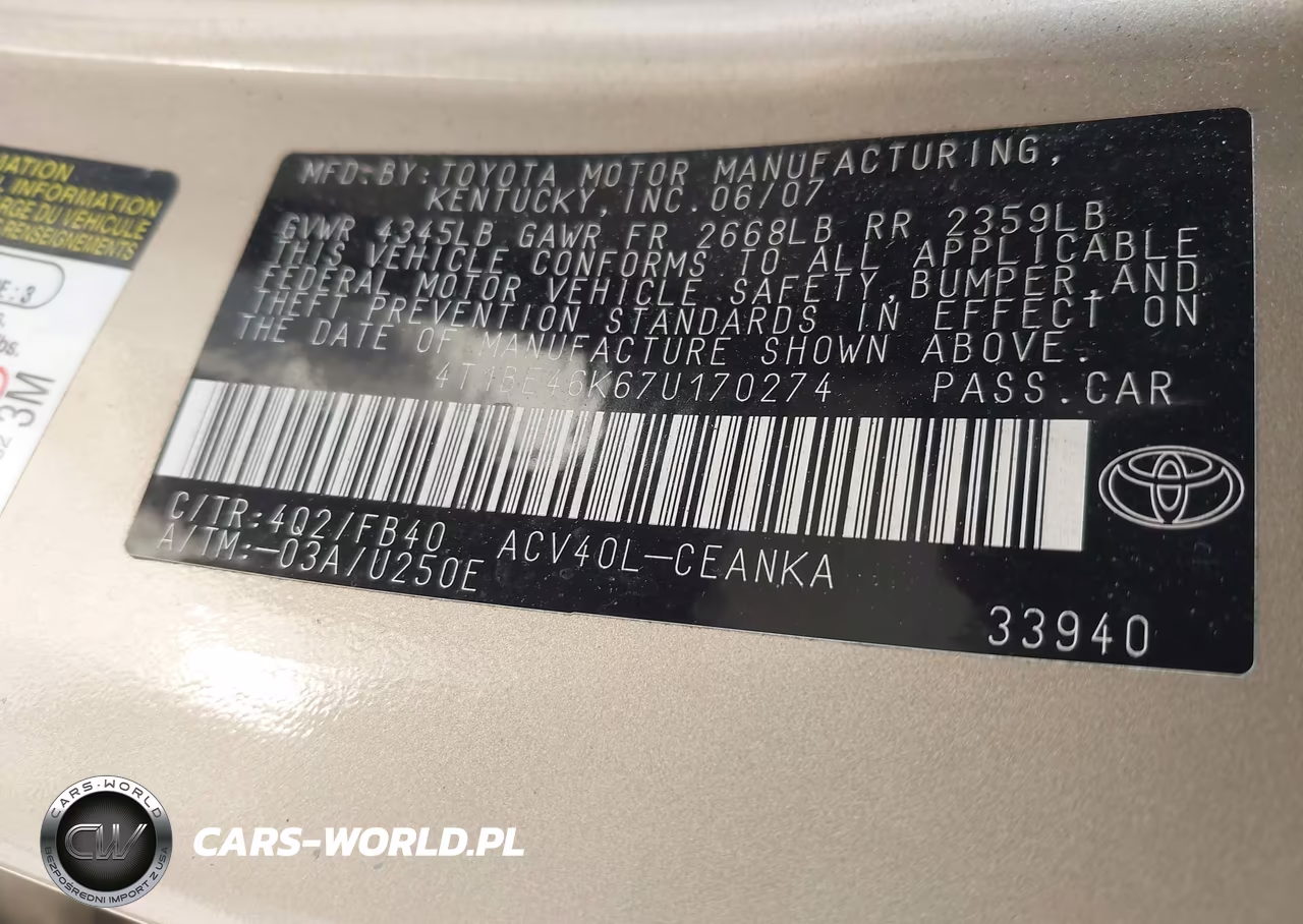 2007 Toyota Camry Le VIN:4T1BE46K67U170274 - 9