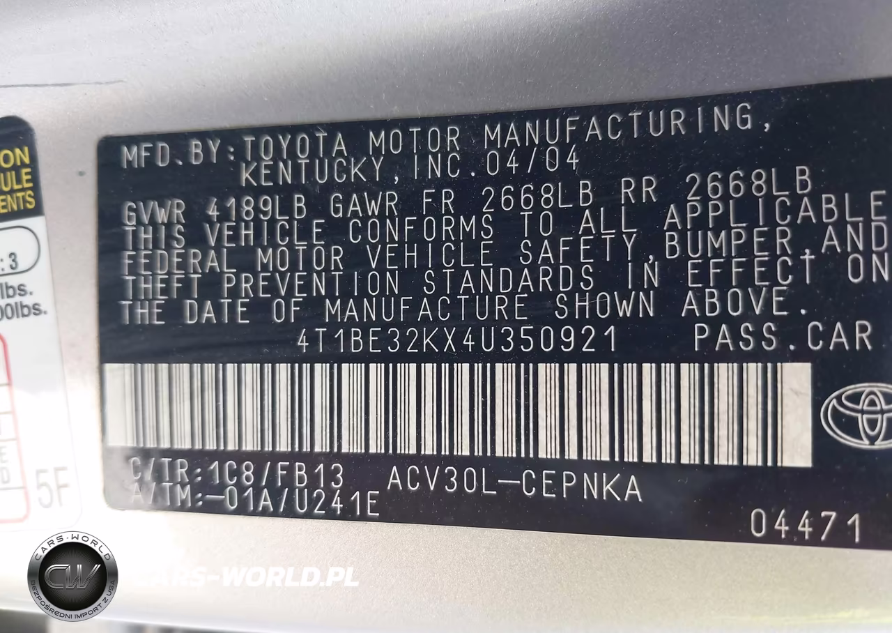 2004 Toyota Camry Le VIN:4T1BE32KX4U350921 - 9