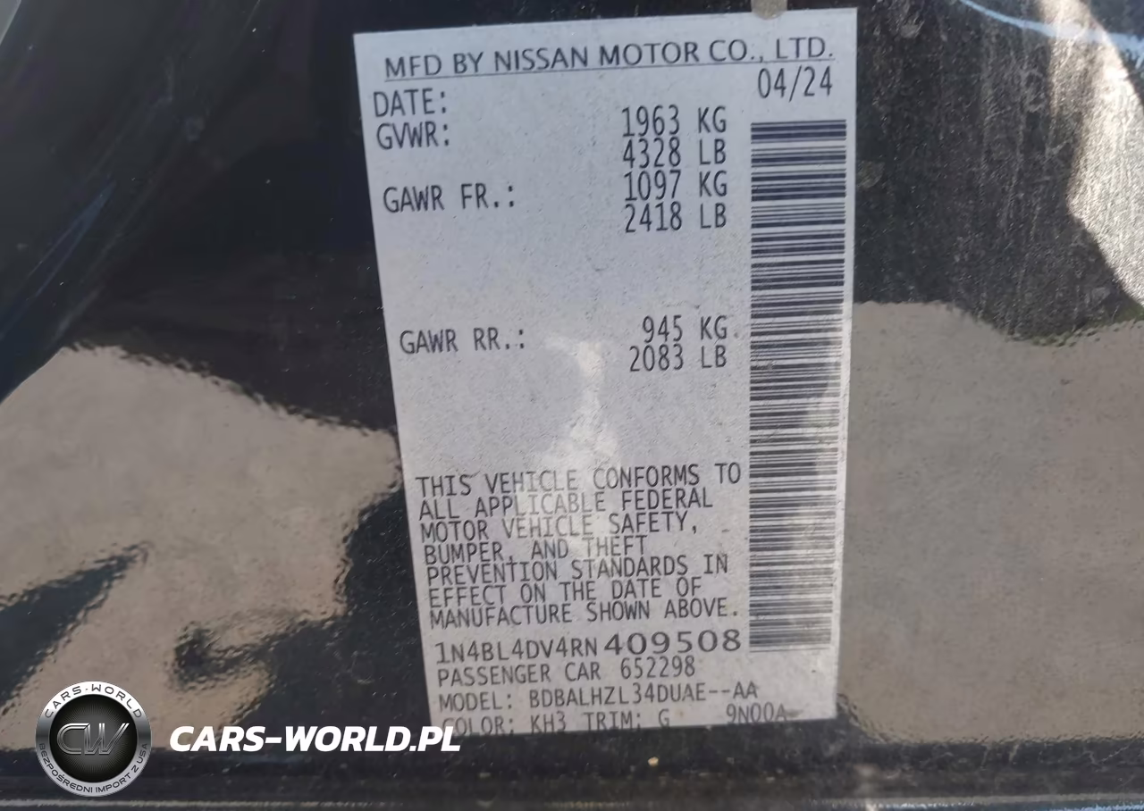 2024 Nissan Altima Sv Fwd VIN:1N4BL4DV4RN409508 - 9