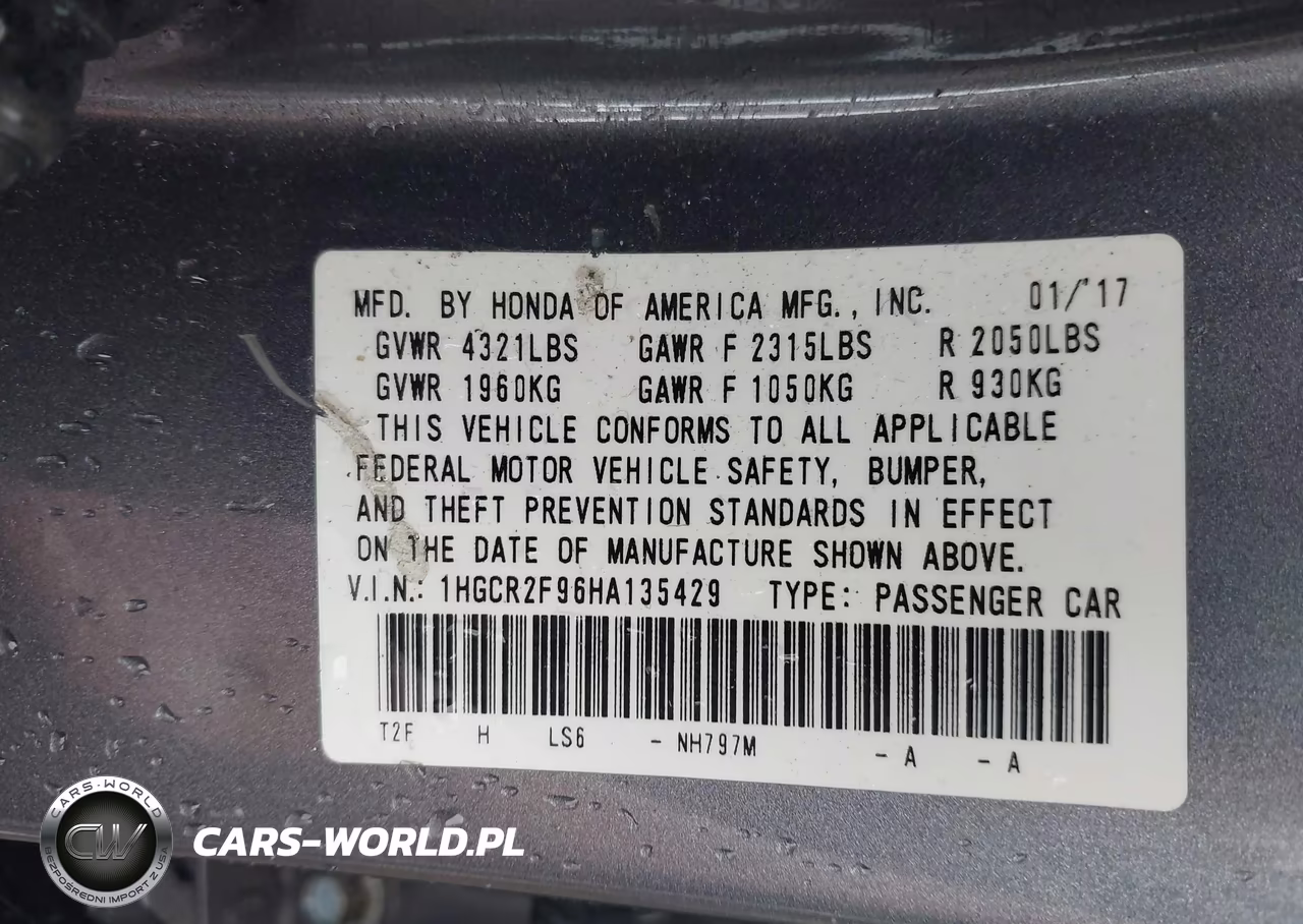 2017 Honda Accord Ex-L VIN:1HGCR2F96HA135429 - 9