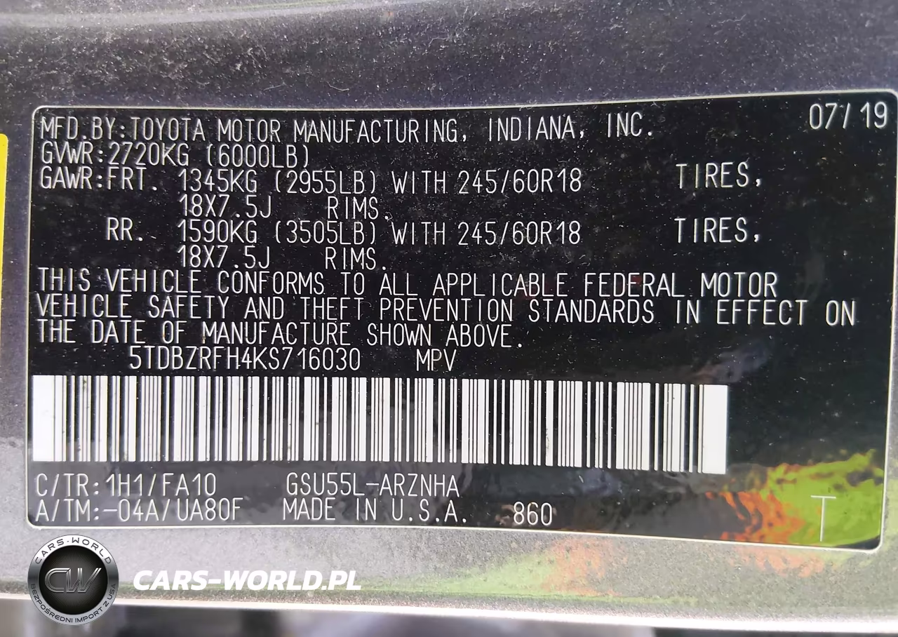 2019 Toyota Highlander Le Plus VIN:5TDBZRFH4KS716030 - 9