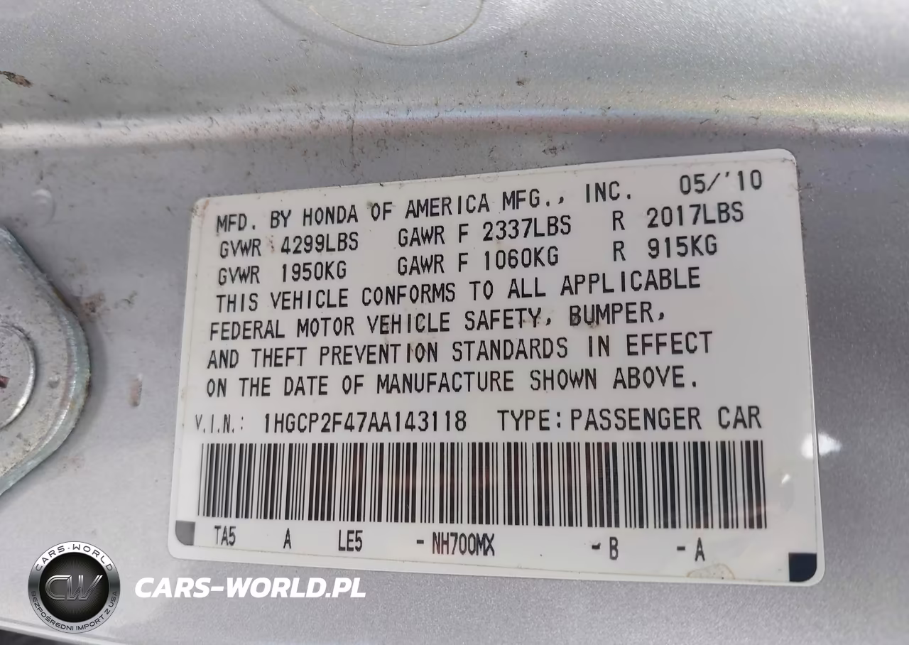 2010 Honda Accord 2.4 Lx-P VIN:1HGCP2F47AA143118 - 9
