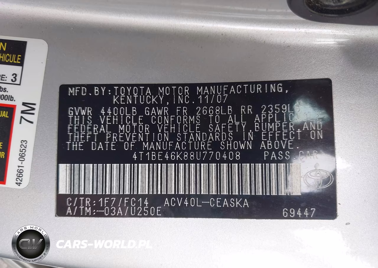 2008 Toyota Camry Ce-Le-Xle-Se VIN:4T1BE46K88U770408 - 9