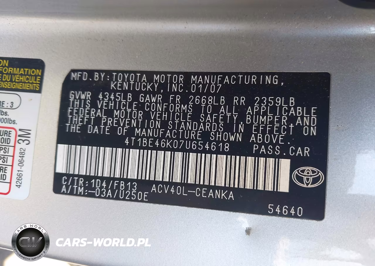 2007 Toyota Camry Ce VIN:4T1BE46K07U654618 - 9