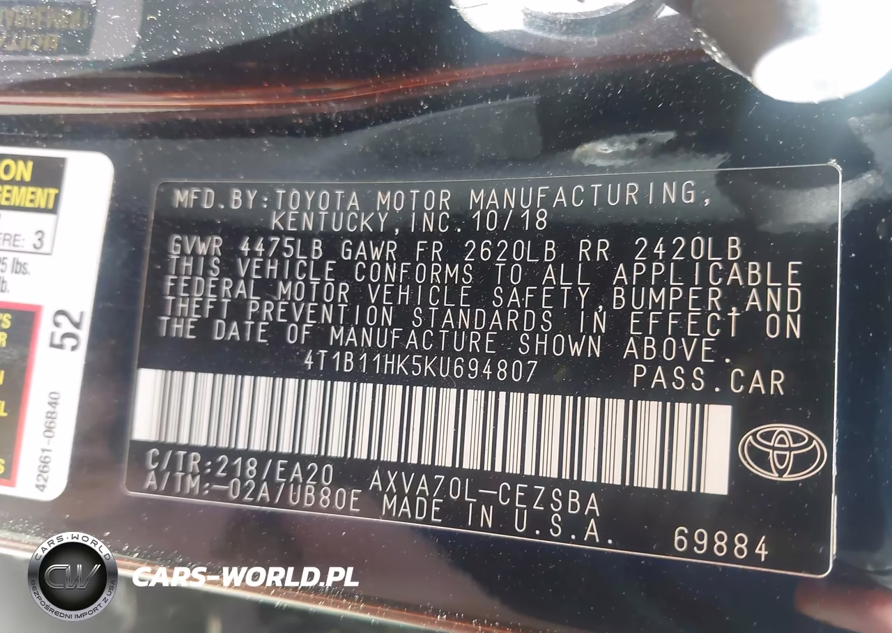 2019 Toyota Camry Se VIN:4T1B11HK5KU694807 - 9