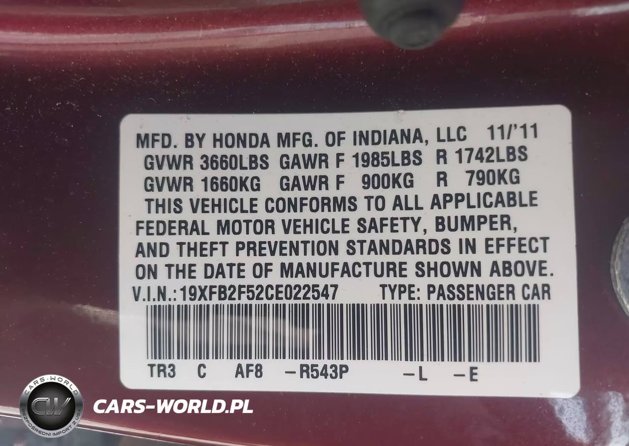 2012 Honda Civic Lx VIN:19XFB2F52CE022547 - 9