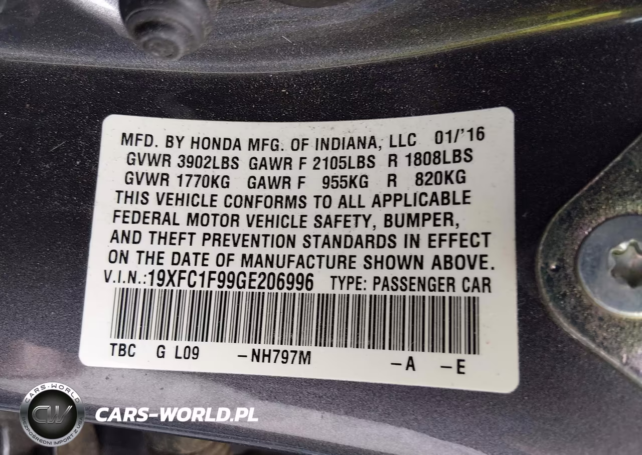2016 Honda Civic Touring VIN:19XFC1F99GE206996 - 9