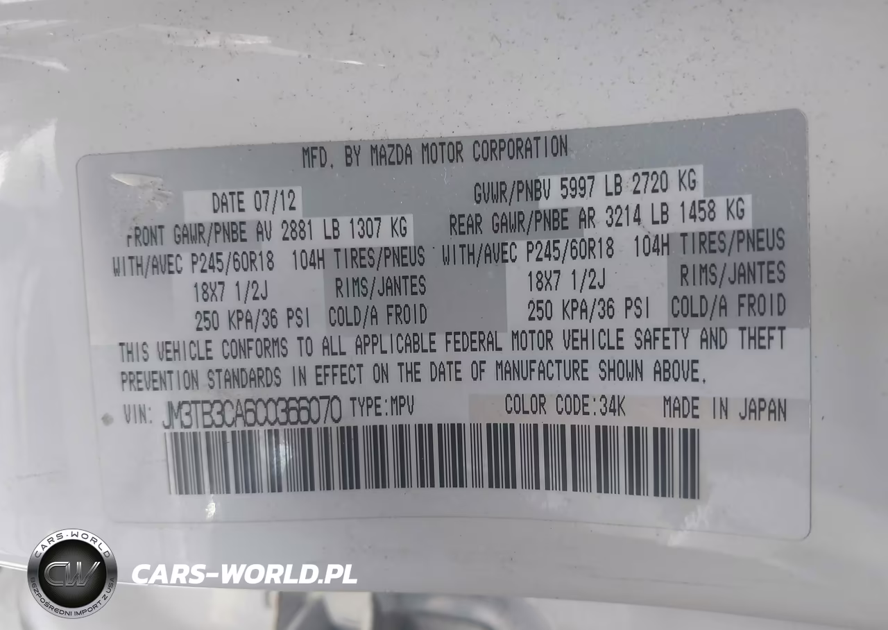 2012 Mazda Cx-9 Touring VIN:JM3TB3CA6C0366070 - 9