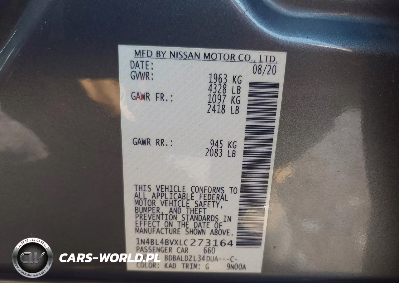 2020 Nissan Altima S Fwd VIN:1N4BL4BVXLC273164 - 9