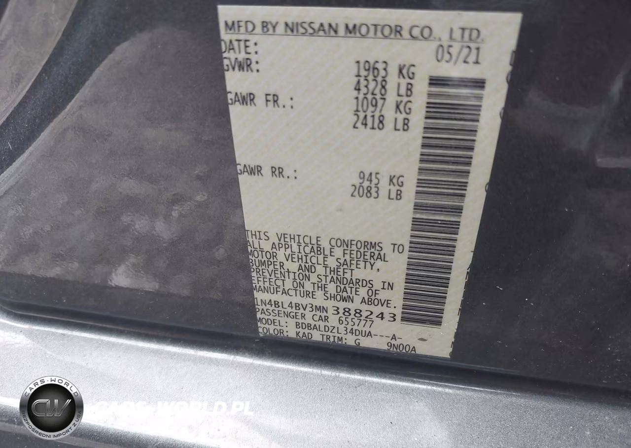 2021 Nissan Altima S Fwd VIN:1N4BL4BV3MN388243 - 9