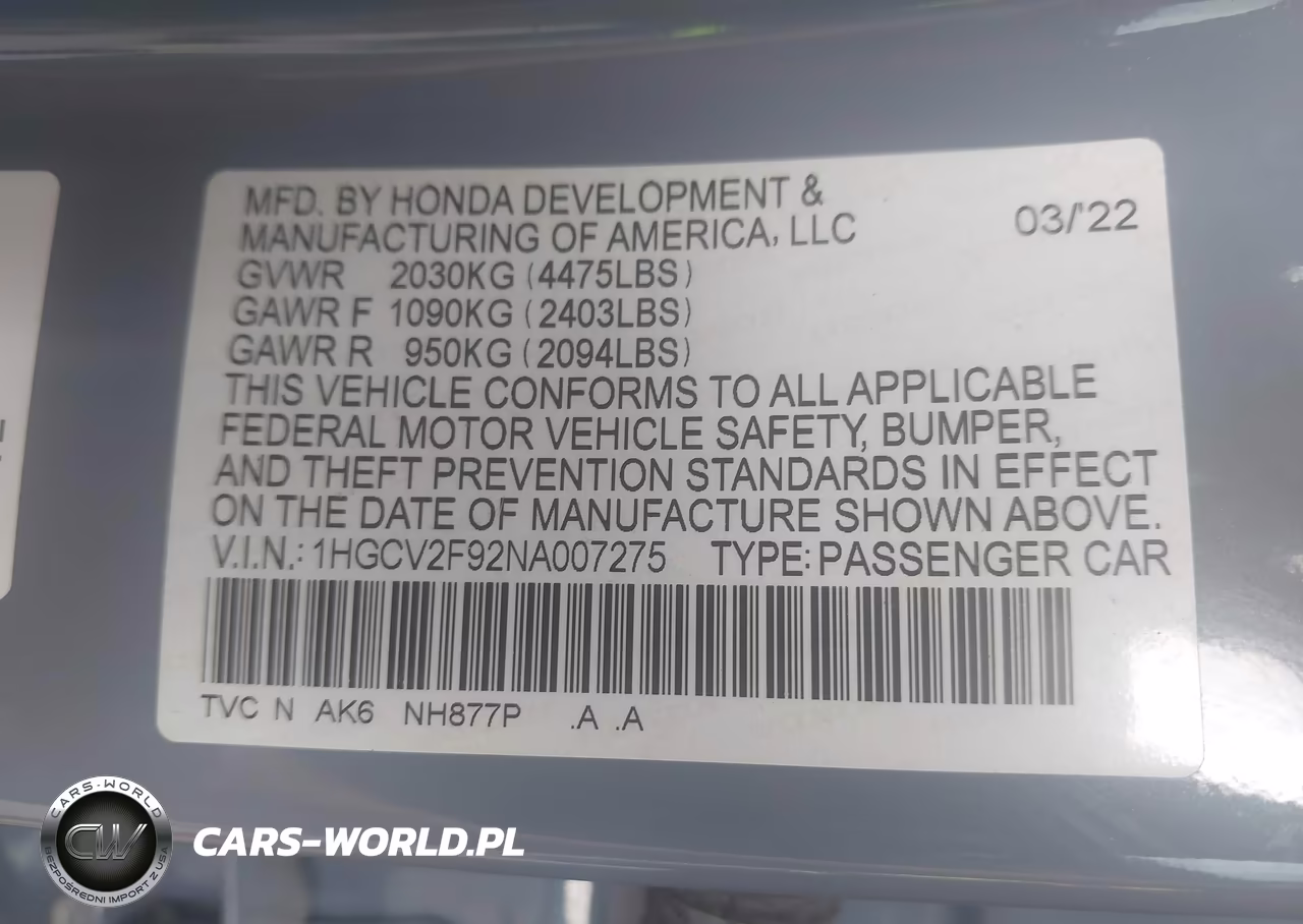 2022 Honda Accord Touring VIN:1HGCV2F92NA007275 - 9