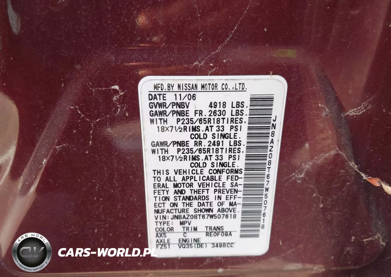 2007 Nissan Murano Sl VIN:JN8AZ08T67W507618 - 9