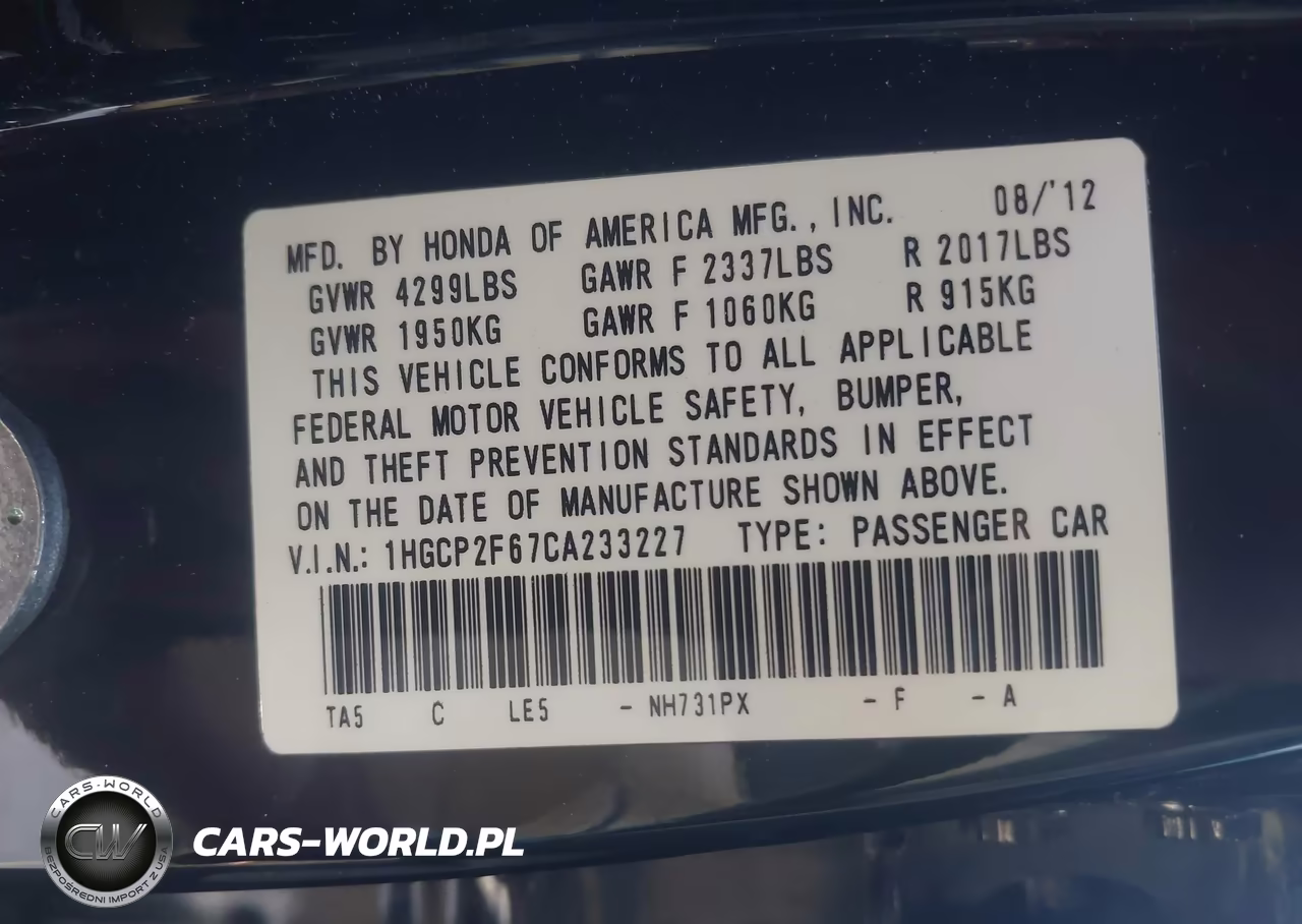 2012 Honda Accord 2.4 Se VIN:1HGCP2F67CA233227 - 9