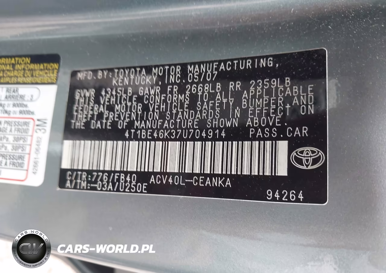 2007 Toyota Camry Le VIN:4T1BE46K37U704914 - 9