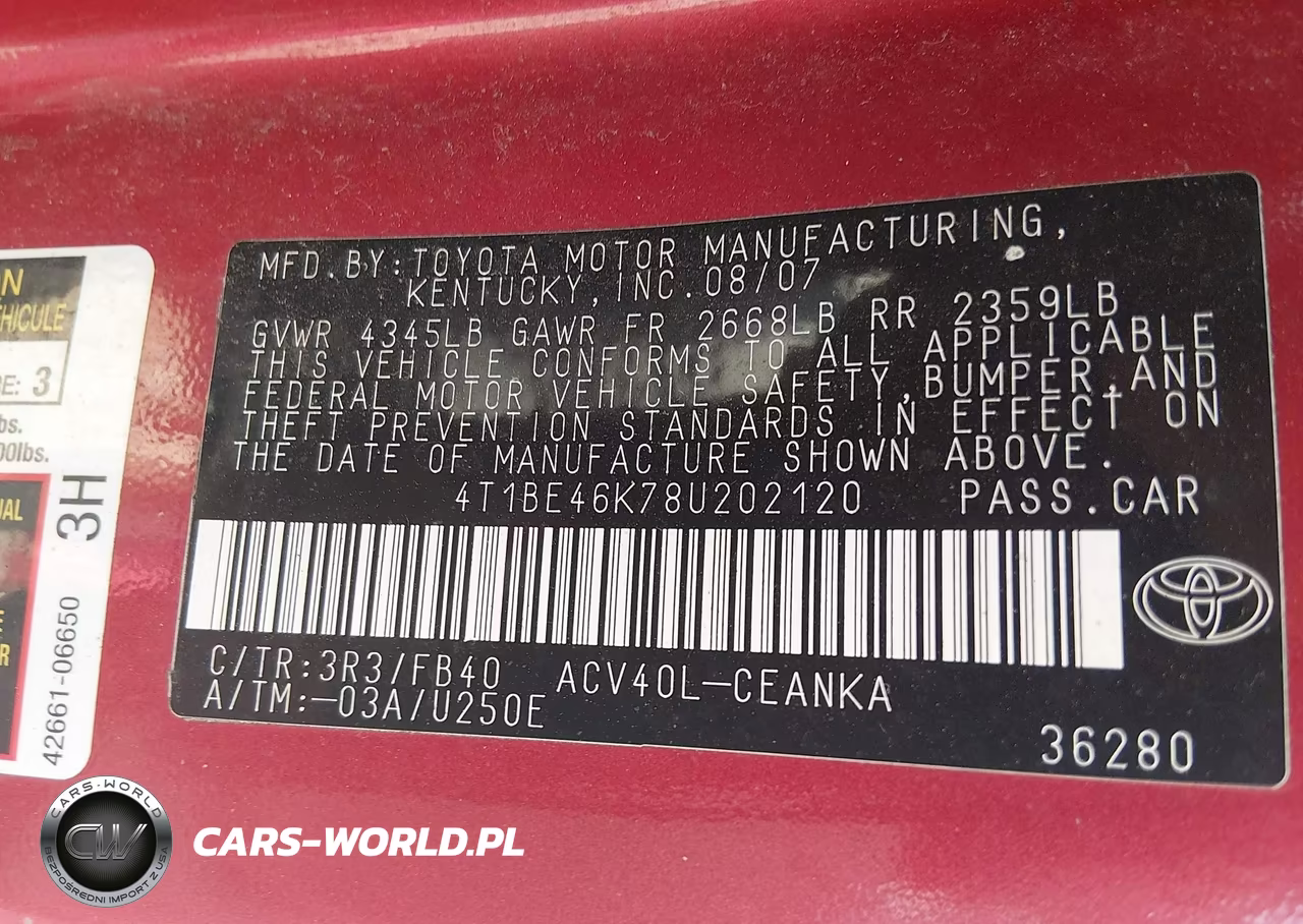 2008 Toyota Camry Le VIN:4T1BE46K78U202120 - 9