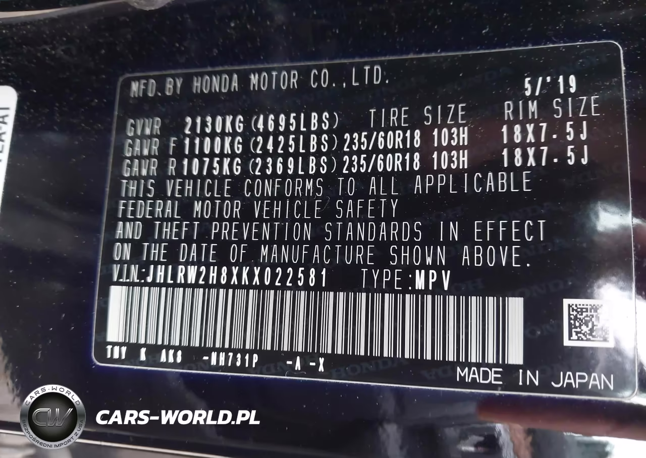 2019 Honda Cr-V Ex-L VIN:JHLRW2H8XKX022581 - 9