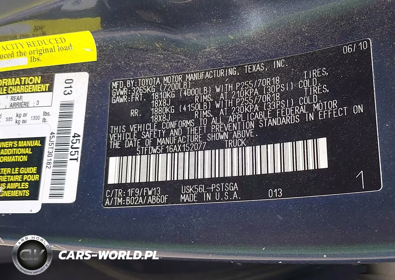 2010 Toyota Tundra Grade 5.7L V8 VIN:5TFDW5F16AX152077 - 9