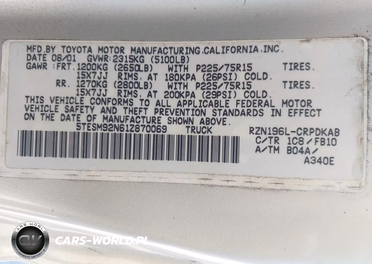 2001 Toyota Tacoma Prerunner VIN:5TESM92N61Z870069 - 9