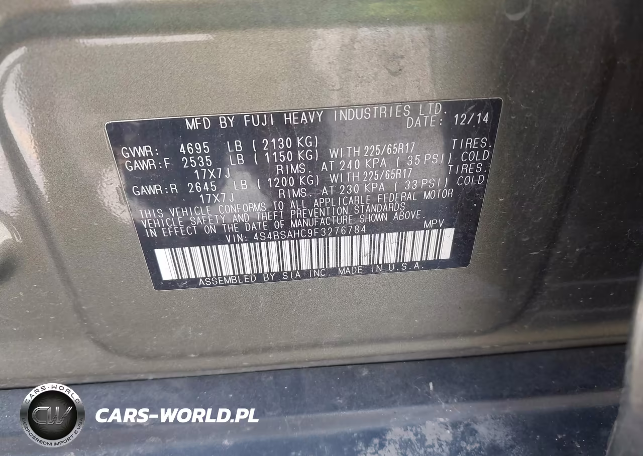 2015 Subaru Outback 2.5I Premium VIN:4S4BSAHC9F3276784 - 9
