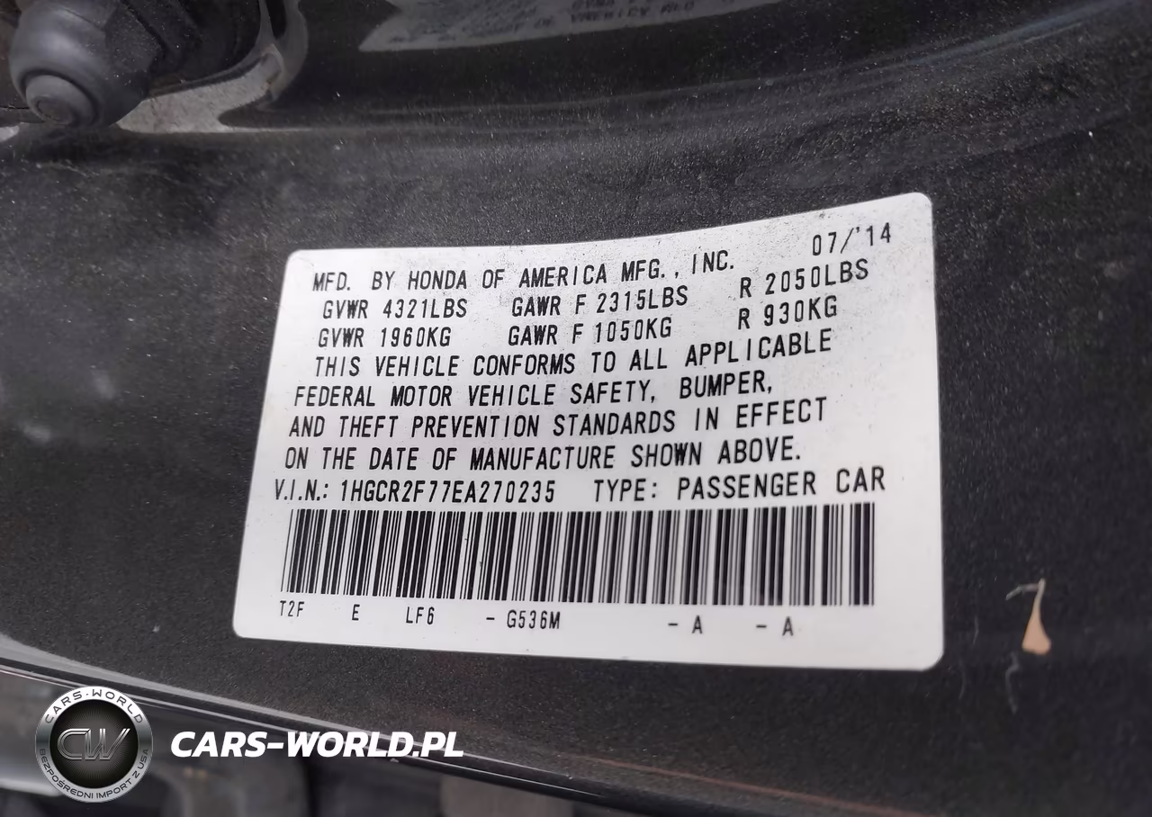 2014 Honda Accord Ex VIN:1HGCR2F77EA270235 - 9