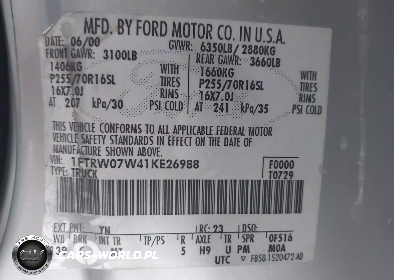 FORD F-150 VIN:1FTRW07W41KE26988 - 9
