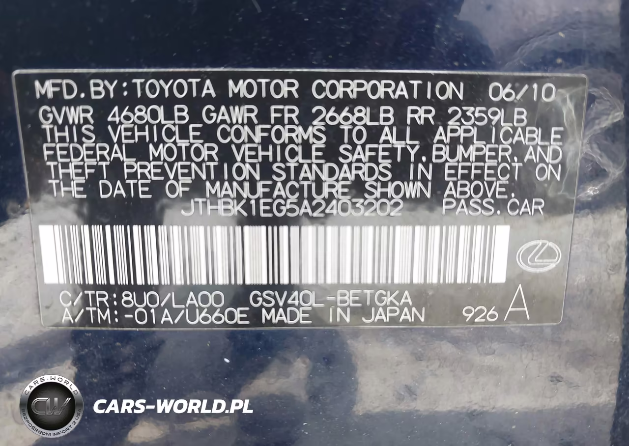 2010 Lexus Es 350 VIN:JTHBK1EG5A2403202 - 9