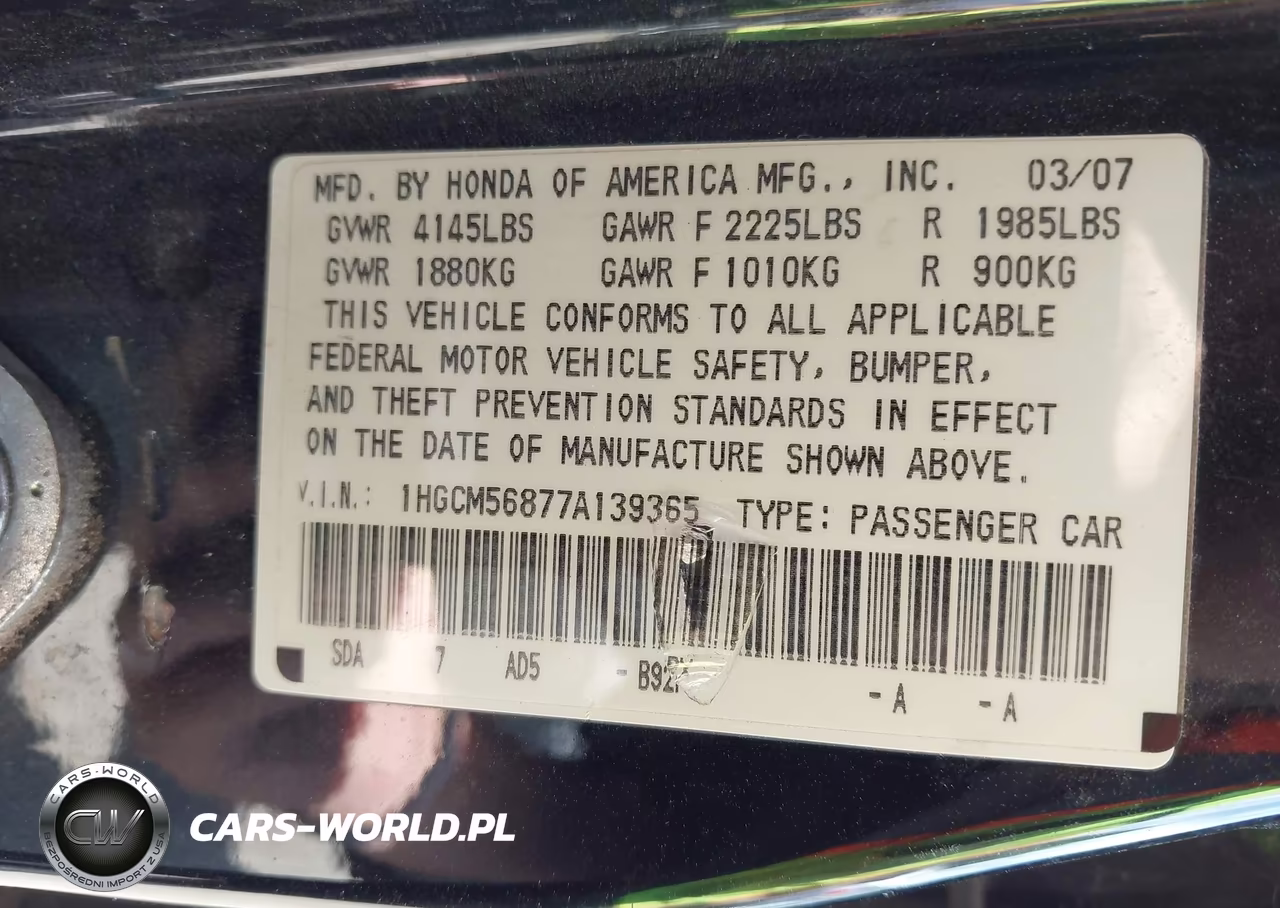 2007 Honda Accord 2.4 Ex VIN:1HGCM56877A139365 - 9