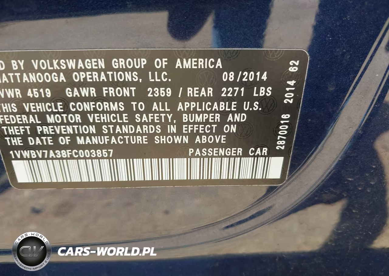 2015 Volkswagen Passat 2.0L Tdi Se VIN:1VWBV7A38FC003857 - 9