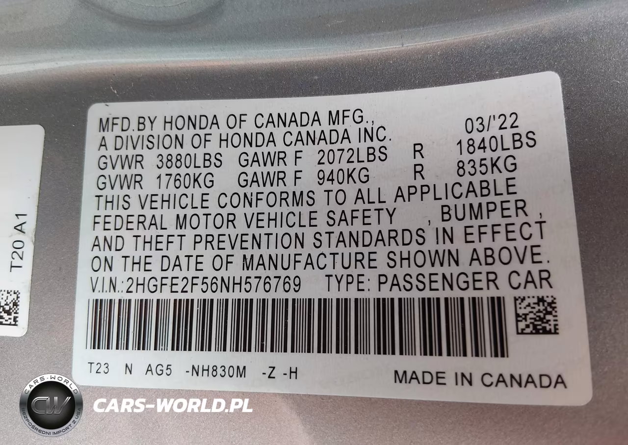 2022 Honda Civic Sport VIN:2HGFE2F56NH576769 - 9