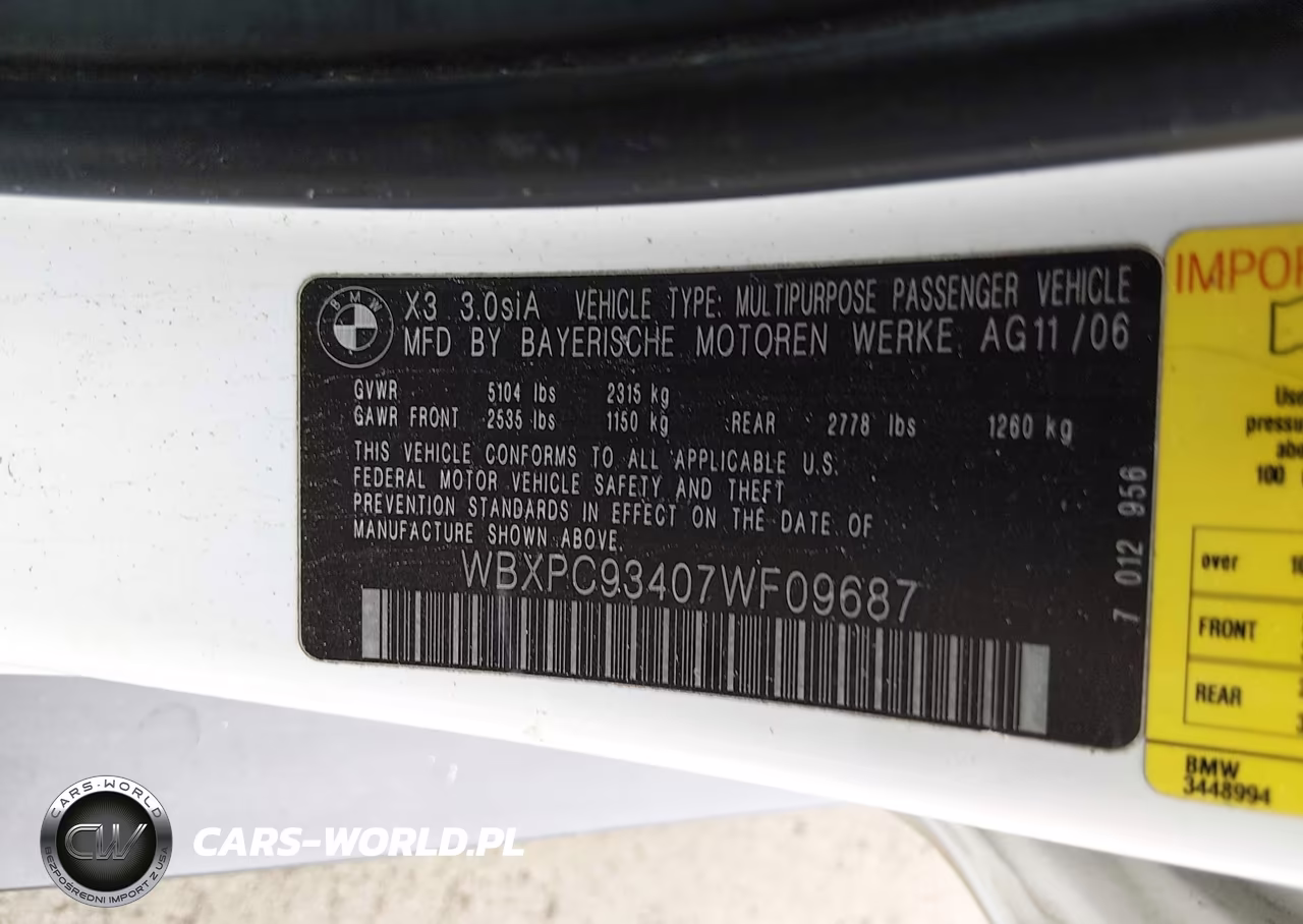 2007 BMW X3 3.0Si VIN:WBXPC93407WF09687 - 9
