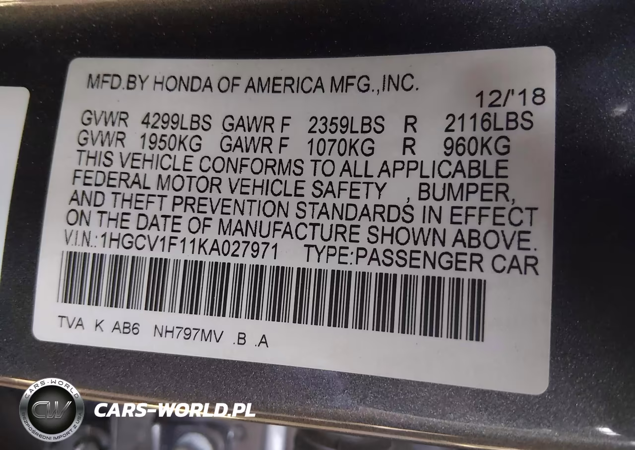 2019 Honda Accord Lx VIN:1HGCV1F11KA027971 - 9