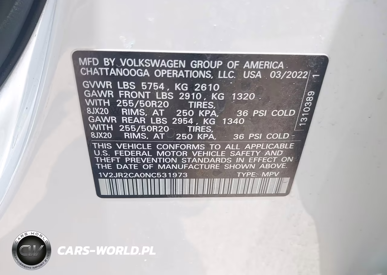 2022 Volkswagen Atlas 3.6L V6 Se W-Technology VIN:1V2JR2CA0NC531973 - 9
