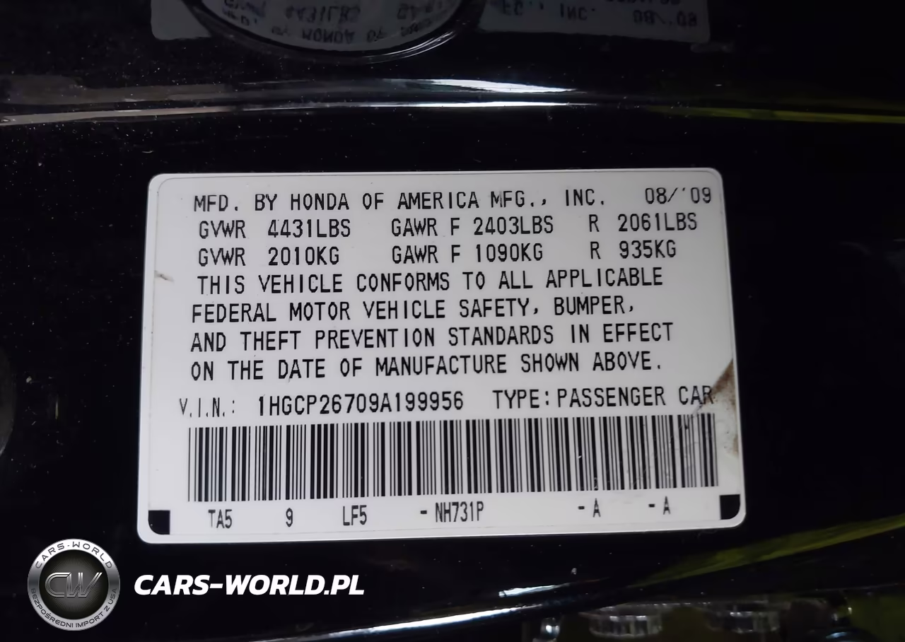 2009 Honda Accord 2.4 Ex VIN:1HGCP26709A199956 - 9