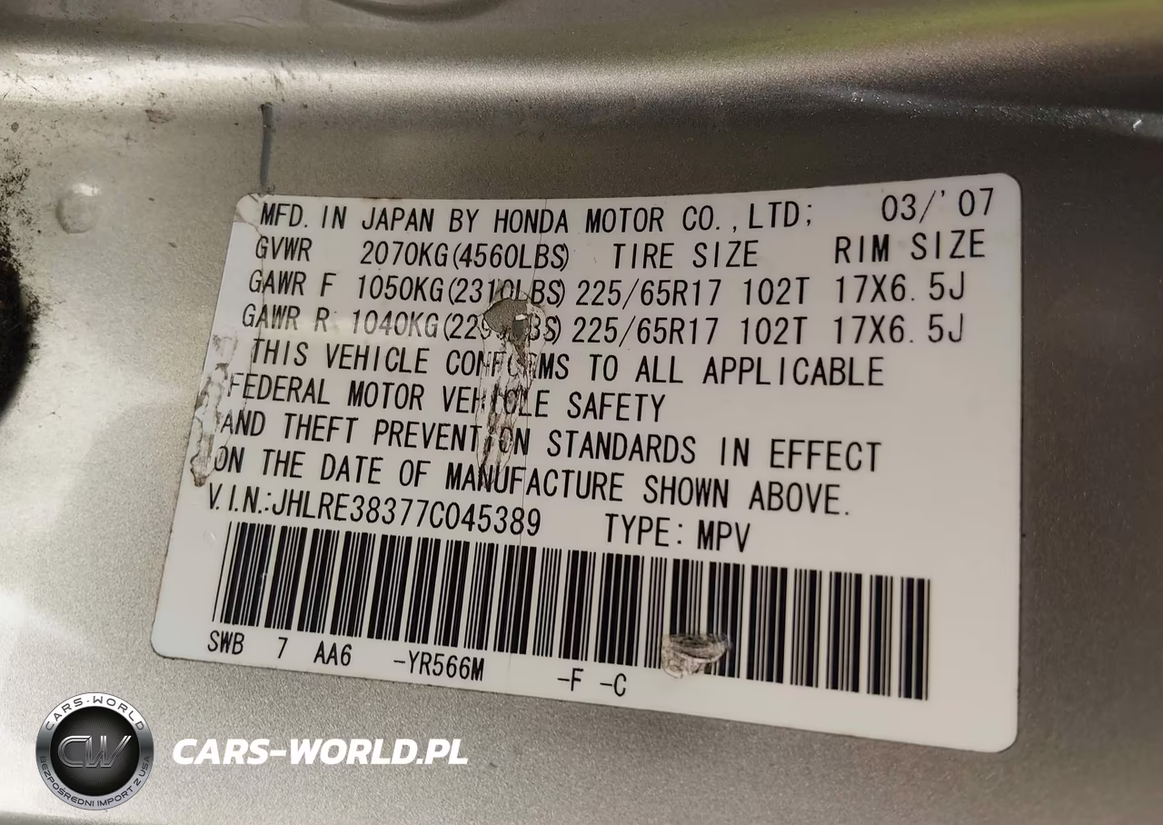 2007 Honda Cr-V Lx VIN:JHLRE38377C045389 - 9