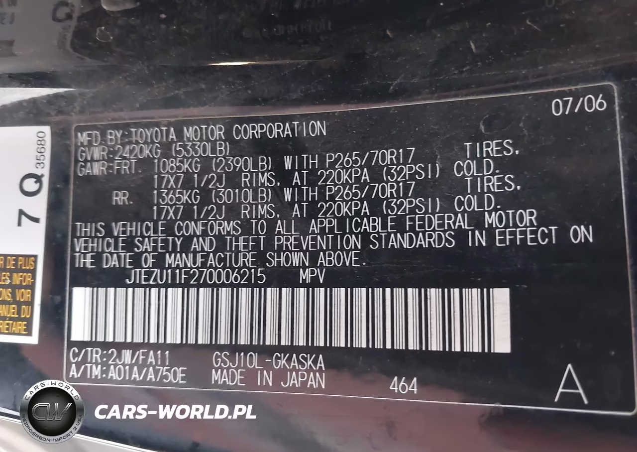 2007 Toyota Fj Cruiser VIN:JTEZU11F270006215 - 9