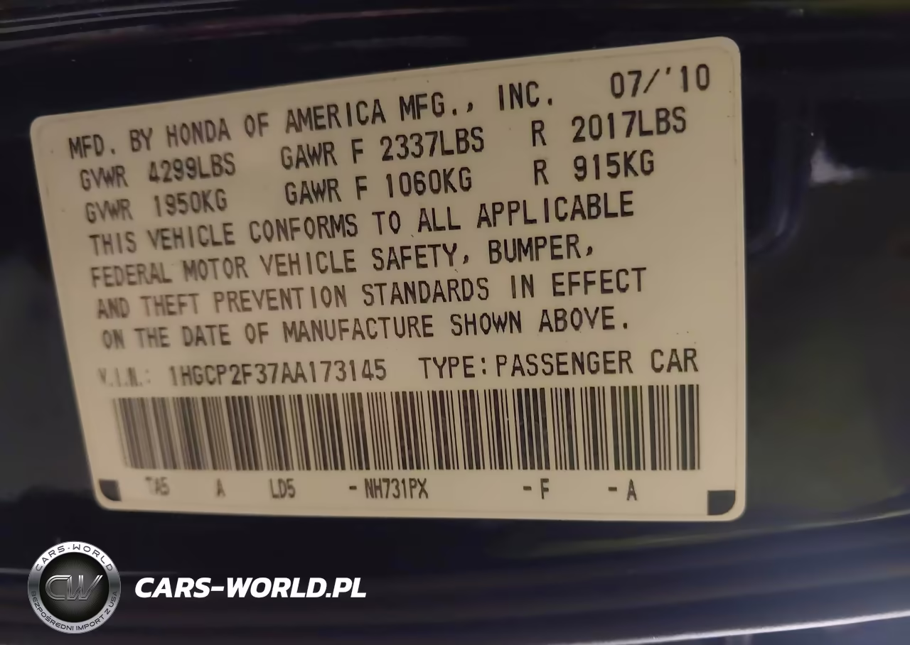2010 Honda Accord 2.4 Lx VIN:1HGCP2F37AA173145 - 9