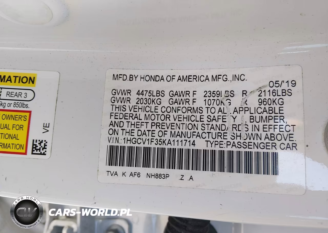 2019 Honda Accord Sport VIN:1HGCV1F35KA111714 - 9