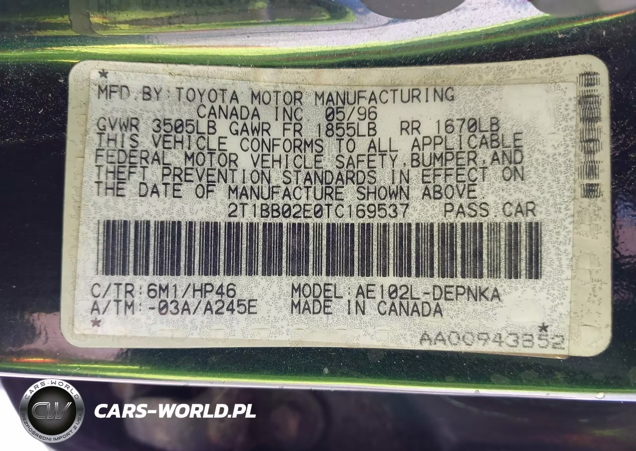 1996 Toyota Corolla Dx VIN:2T1BB02E0TC169537 - 9