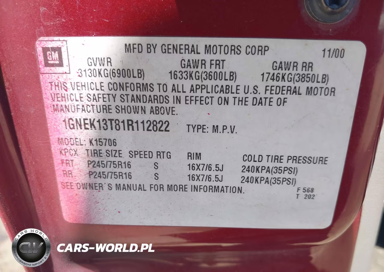 2001 Chevrolet Tahoe Lt VIN:1GNEK13T81R112822 - 9