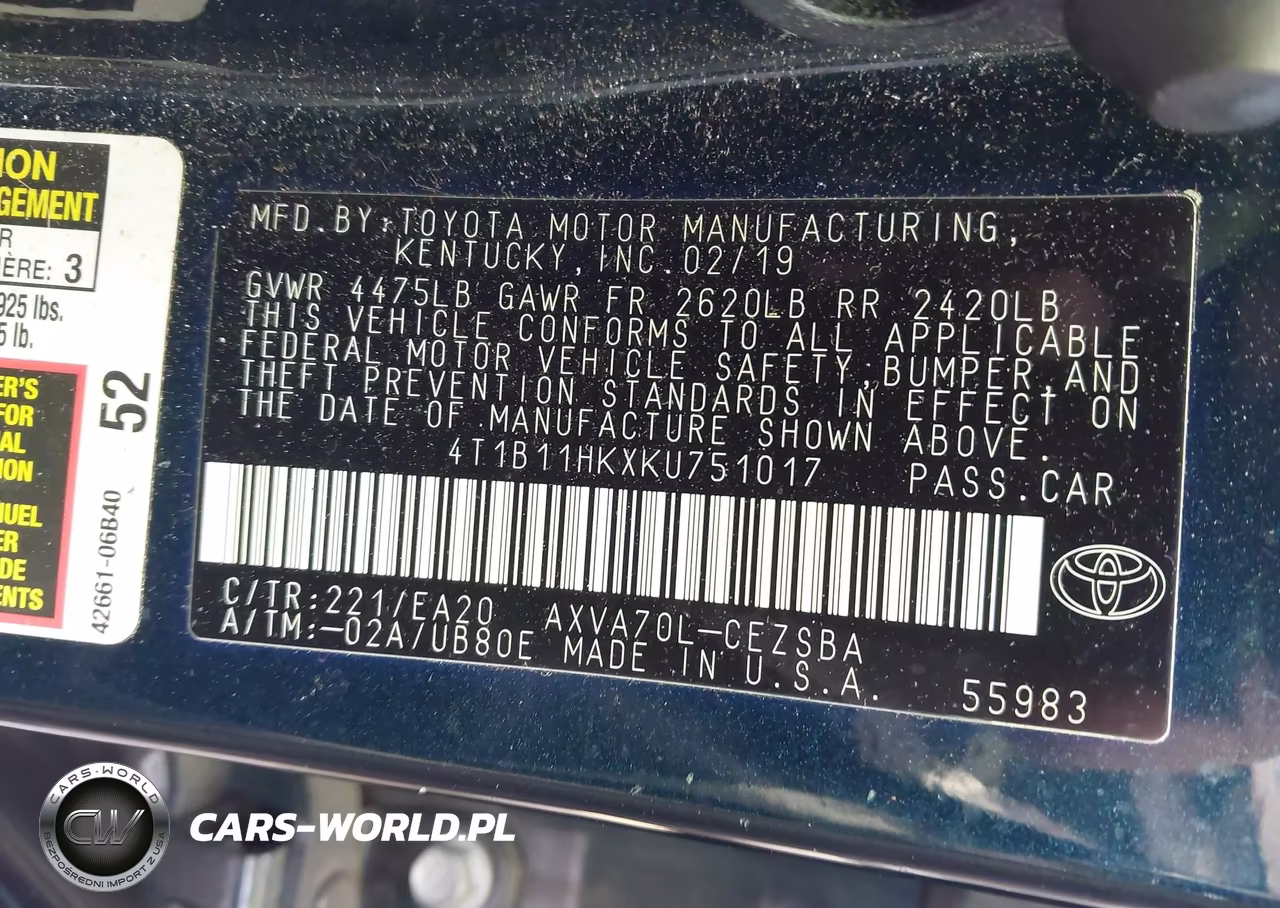 2019 Toyota Camry Se VIN:4T1B11HKXKU751017 - 9